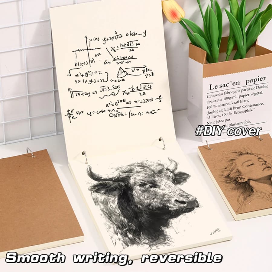 A5/A6 Spiral Loose Leaf Sketchbook Kraft Cover Acid-Free Thick Paper Drawing Pad with 2 Black Pens for Sketch Watercolor