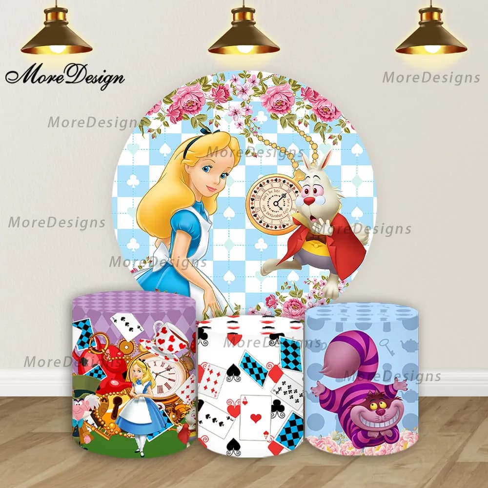 Coperture per sfondo rotondo Alice nel Paese delle Meraviglie, coperture cilindriche Disney Princess, sfondo fotografico per baby shower