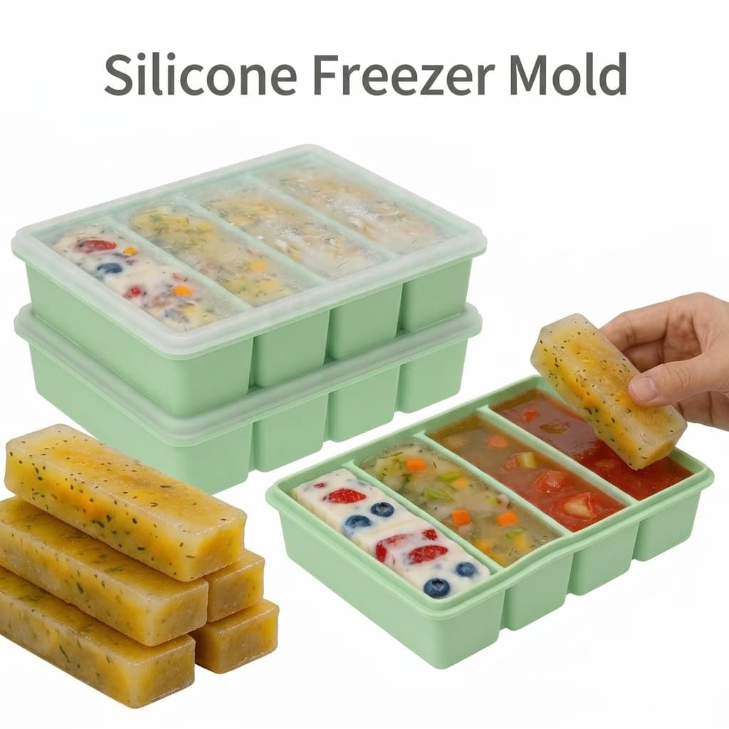 Set di 2 Stampi in Silicone per Congelatore con Coperchio, Contenitore per Alimenti Refrigerati, Vassoio per Ghiaccio, Scatola per Conservazione in Cucina