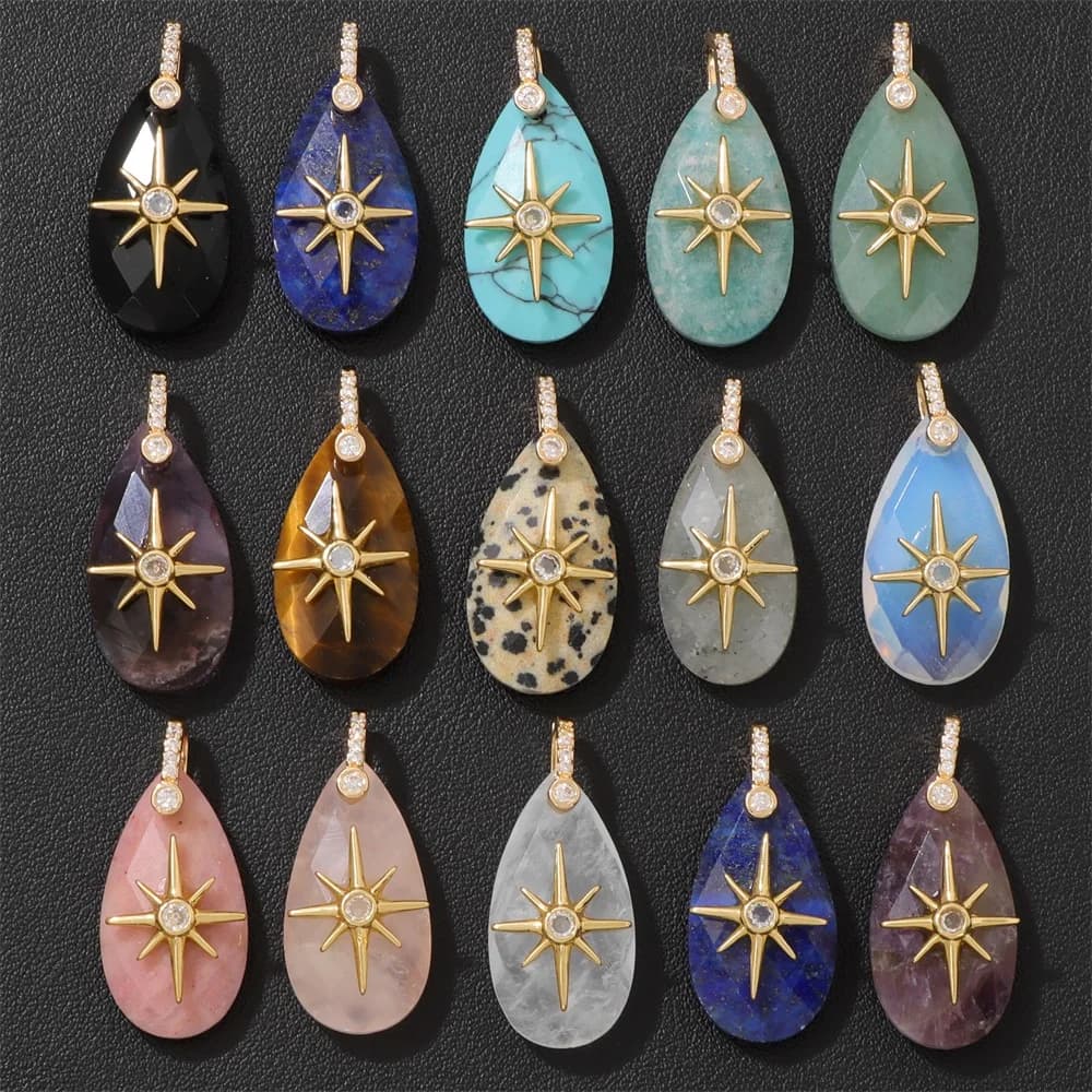 2PCS Natural Faceted Water Drop Stone Pendant Inlaid Sun Charms For Jewelry Making Earrings Necklace Bracelet DIY Accessories