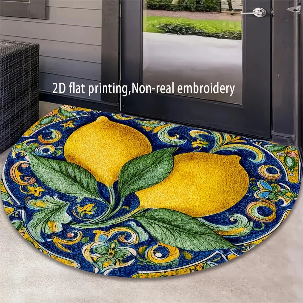 Tappetino semicircolare Mediterranean Lemon Blue Tile, antiscivolo, lavabile, tappetino di benvenuto per interni ed esterni, tappeto decorativo per pavimento