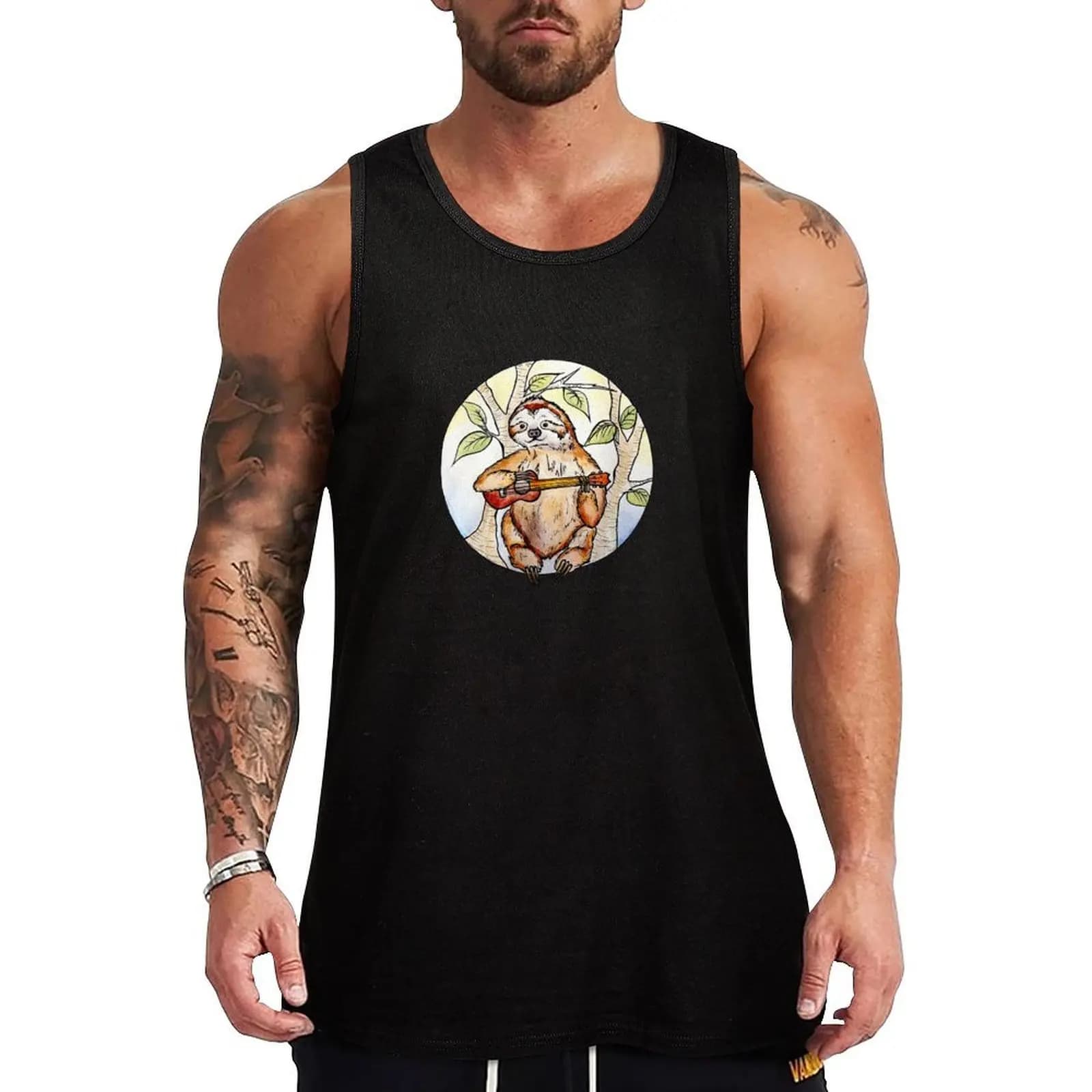 Sloth playing a ukulele Tank Top Casual Sleeveless Tank Top Loose Fit Daily Wear