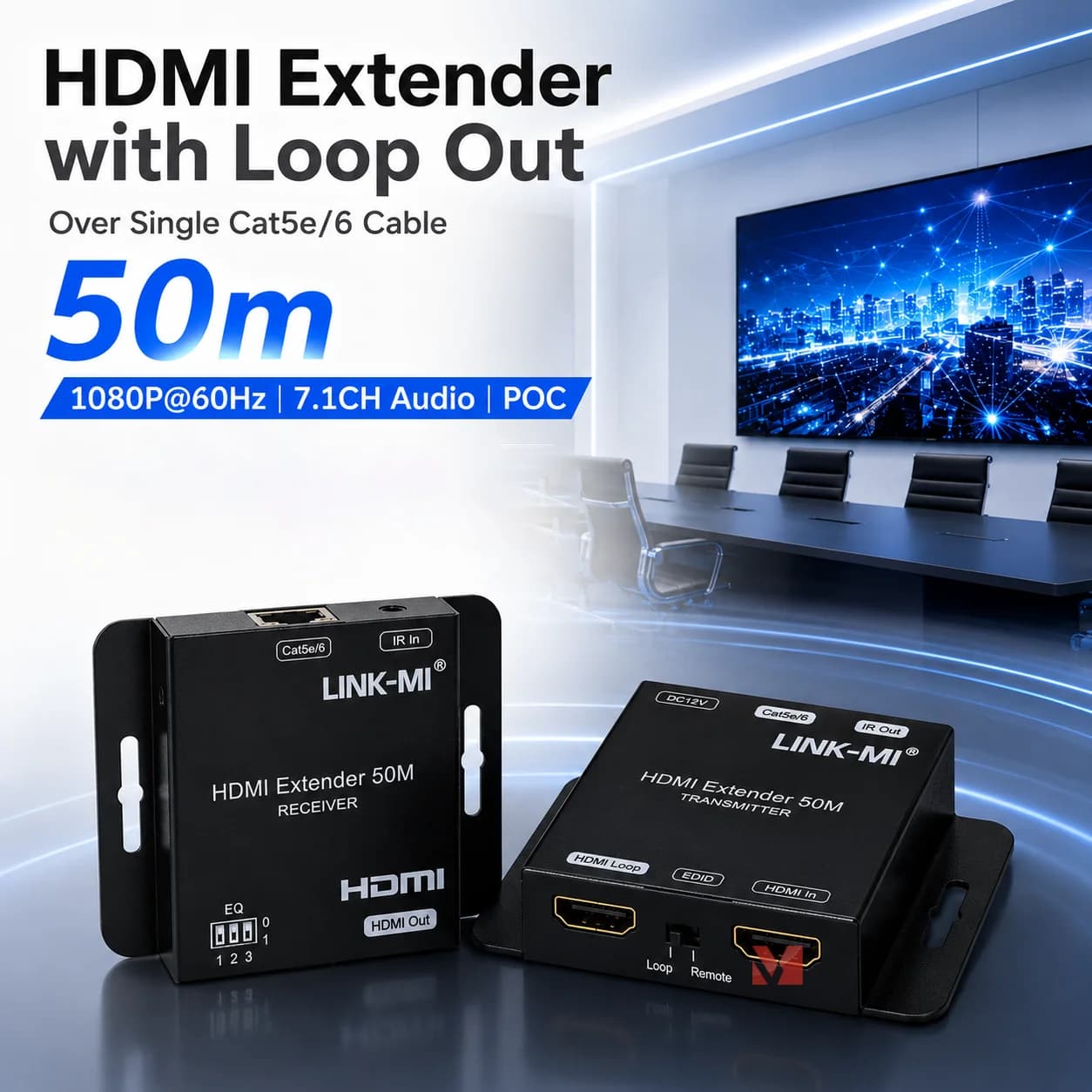 50m HDMI Extender Over Cat5e Cat6 Cable 1080P60Hz HDMI Transmitter Receiver with Loop Out POC EDID IR Audio 7.1CH