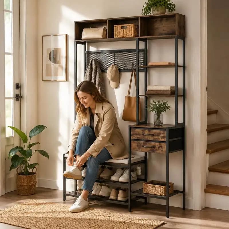 Hall Tree, 70.9 in Coat Rack with Shoe Bench & 2 Drawers, 3-in-1 Freestanding Shoe Rack Storage Organizer with Bookshelf & Wire Shelf, Steel Frame Entrance Coat Holder for Entry, Bedroom, Closet