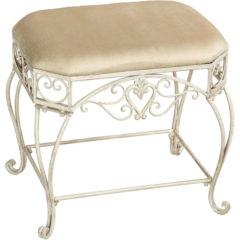 Elegante Sgabello da Toeletta Crema e Oro con Cuscino in Poliestere e Base in Metallo per Sedie o Area Trucco
