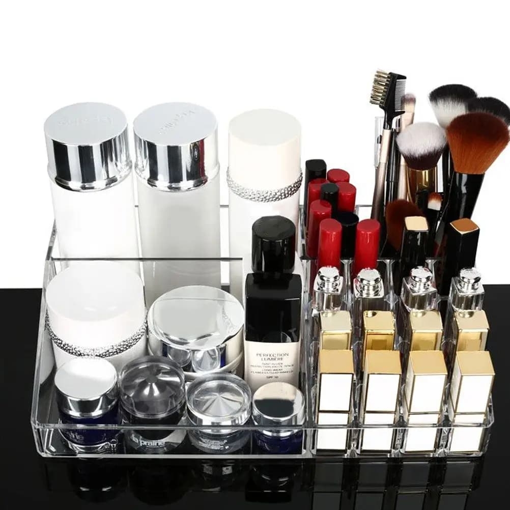 16-Slot Clear Acrylic Storage Box Makeup Organizer for Lip Gloss Eyeshadow Blusher Nail Polish Skincare Travel Bedroom