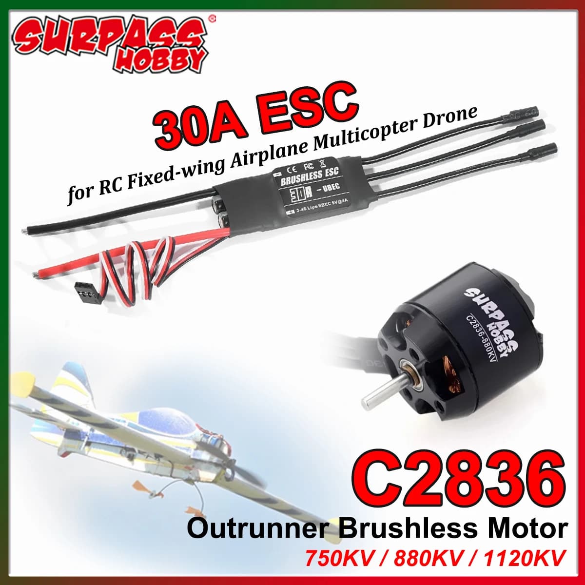 Motore Brushless Outrunner SURPASS HOBBY C2836 2836 750KV 880KV 1120KV con ESC 30A per Aeromodelli RC, Aerei ad Ala Fissa, Alianti e Droni FPV