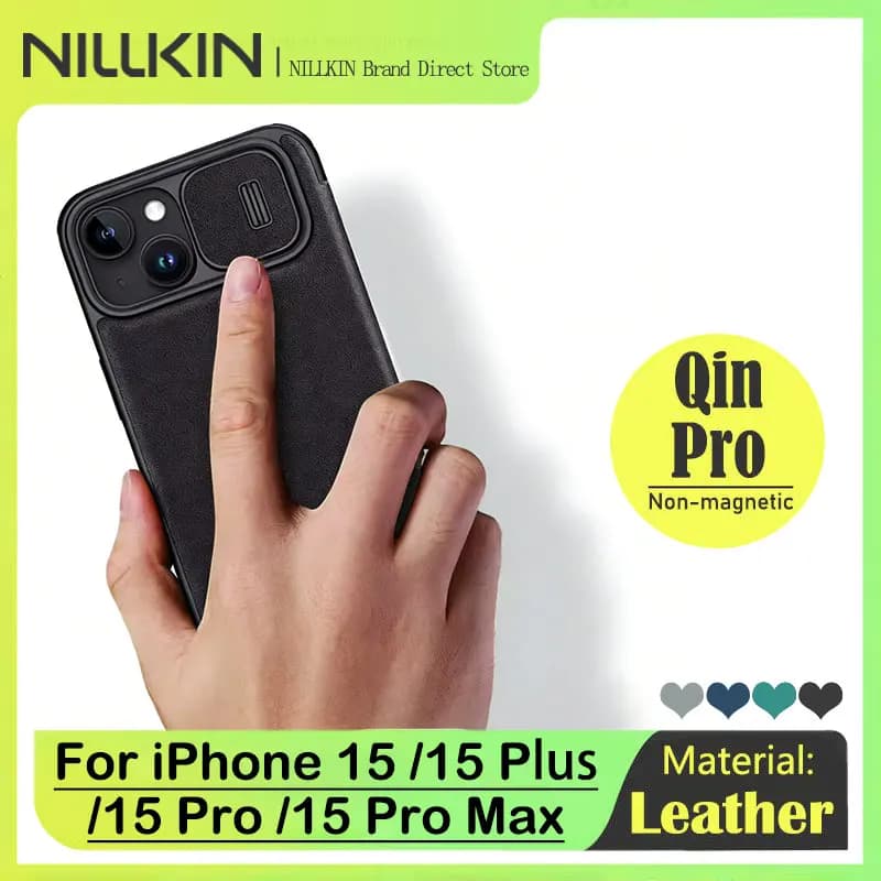 Nillkin Case for iPhone 15 Pro/ 15 Plus, Leather, Cloth, Card Pocket, Slide Camera Book Cover, Shock Proof, Anti-Fingerprint