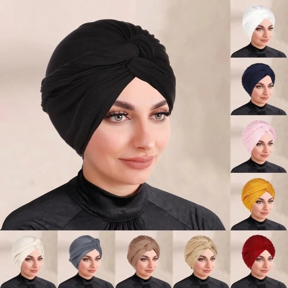 New Vintage Hijab Caps Elastic Wrap Style Twist Knot Turban Hat Soft Polyester Breathable Islamic Headband Hair Loss