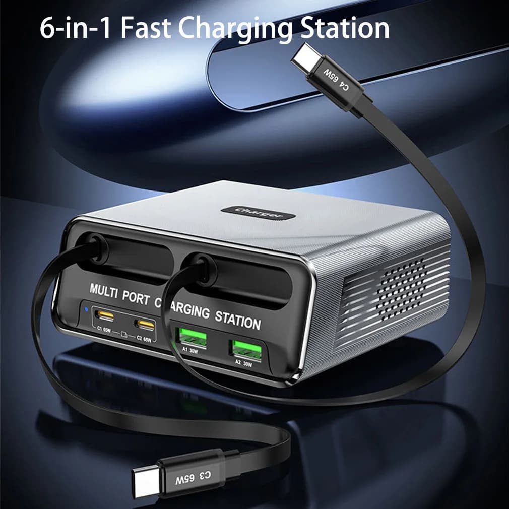 6-in-1 Multiple Devices Charging Station with Retractable USB-C Cable 210W Power Hub Fast Charger for iPhone Samsung Tablet