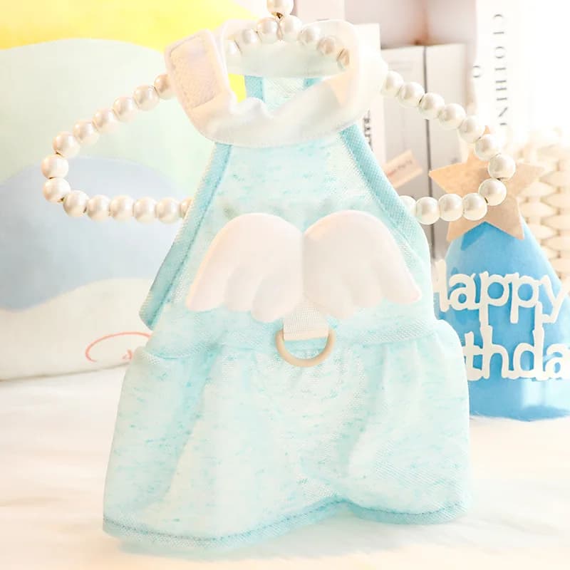 Korean Style Pet Princess Dress with Angel Wings, Thin Spring Summer Outfit with Leash Hole for Teddy Small Dogs & Cats