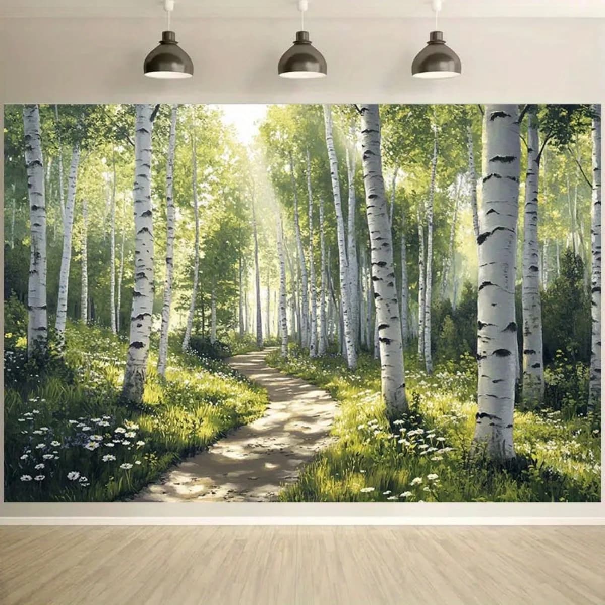 Birch Forest Tapestry Polyester Sunlit Path Green Foliage Wall Hanging Nature Decor Living Room Bedroom