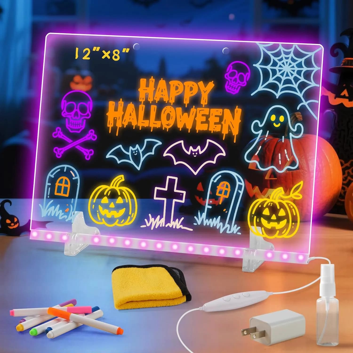 16-Inch Rechargeable LED Drawing Board, 9-Color Light Modes, Neon Art Dry Erase Light Up Doodle Glow Pad with Built-in Stand, Sketching Gift Toy for Kids/Girls/Teens, 7 Markers & Tracing Book