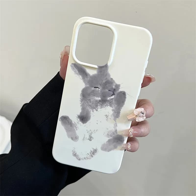 Ink And Wash Painting Rabbit Art Design Phone Case for iPhone 16 15 14 13 12 11 Pro Max X XS XR 8 Plus Glossy Film Hard PC Cover