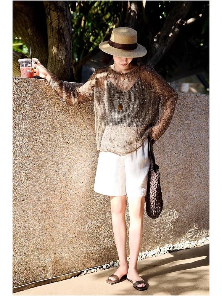 Ningxia Yijian Natural Flax Weaving Belted A-Line Shorts Versatile Comfortable Lightweight Ladies Casual Pants Summer 2025