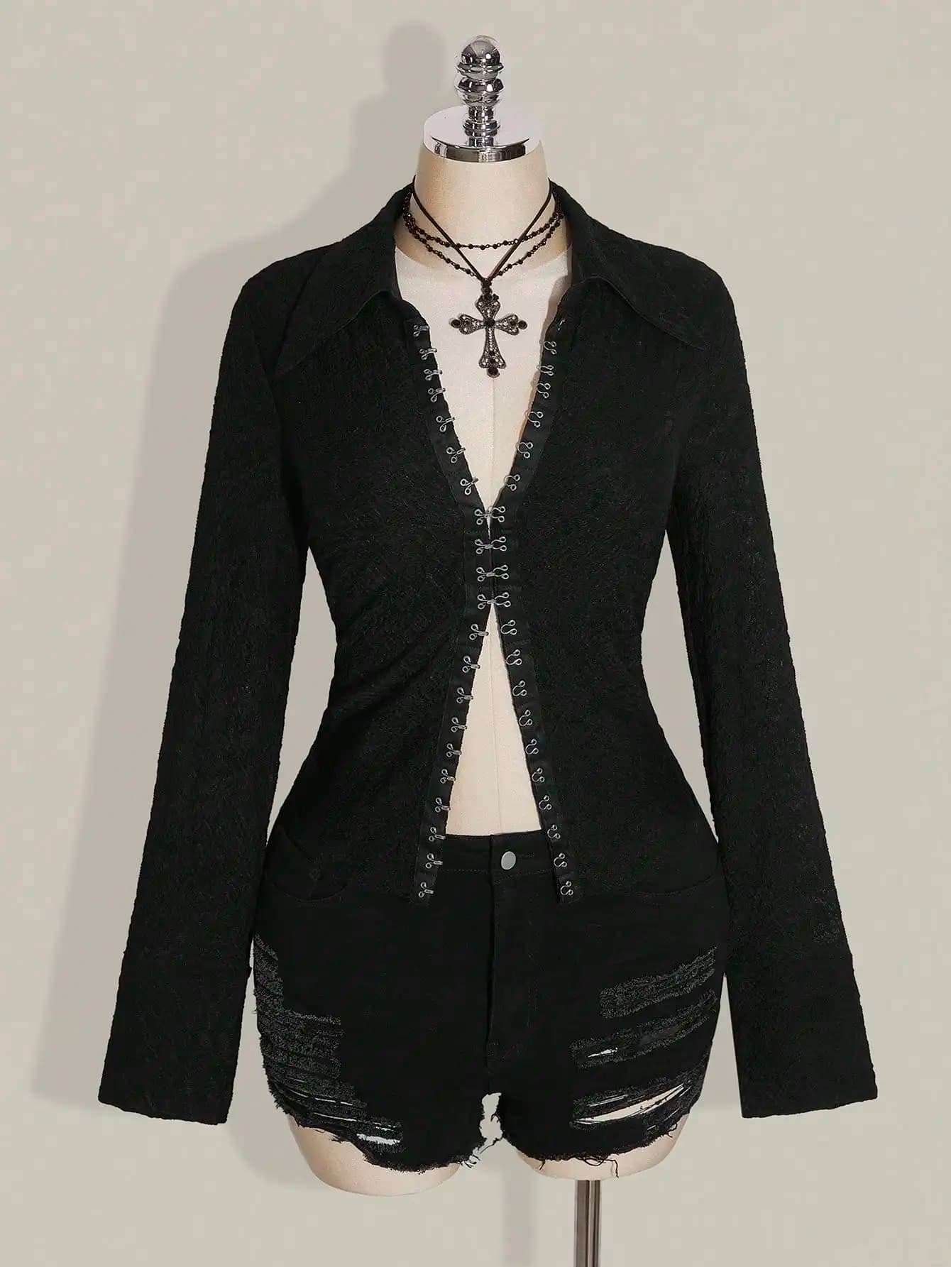 Top Nero in Maglia Jacquard con Lacci Frontali Stile Punk per Donna, Abbigliamento Streetwear Audace