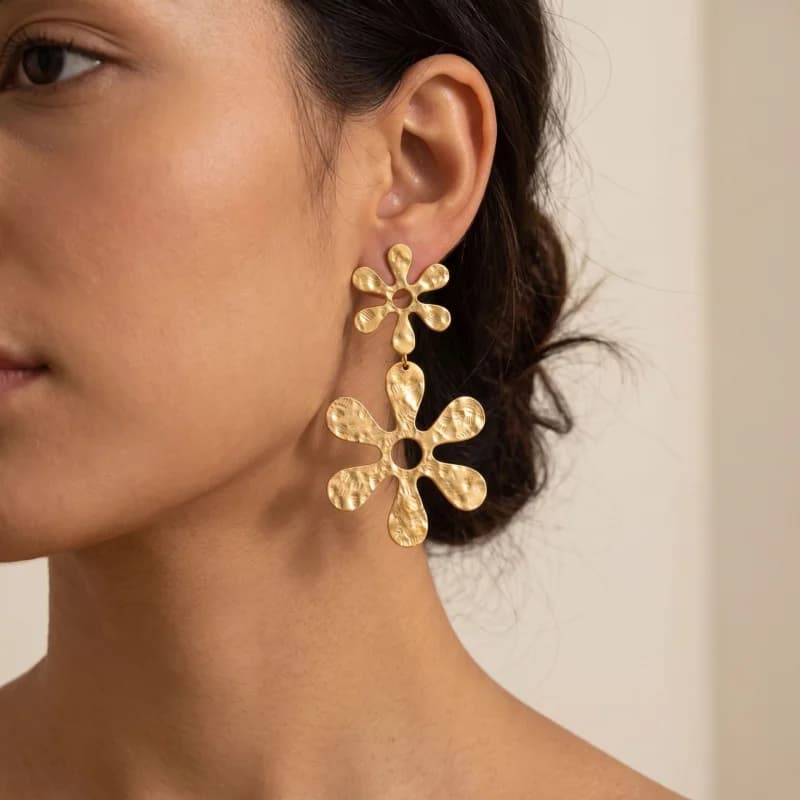 CarlidanaEuropean and American style double-layer hollow flower gold earrings Hand-hammered vintage earrings