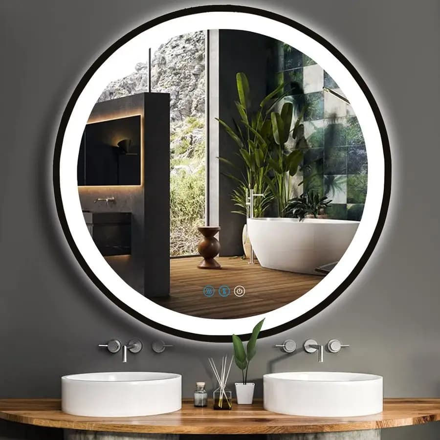 Specchio LED Rotondo da Bagno con Cornice Nera, Illuminato, Antiappannamento, Dimmerabile a 3 Colori, per Parete