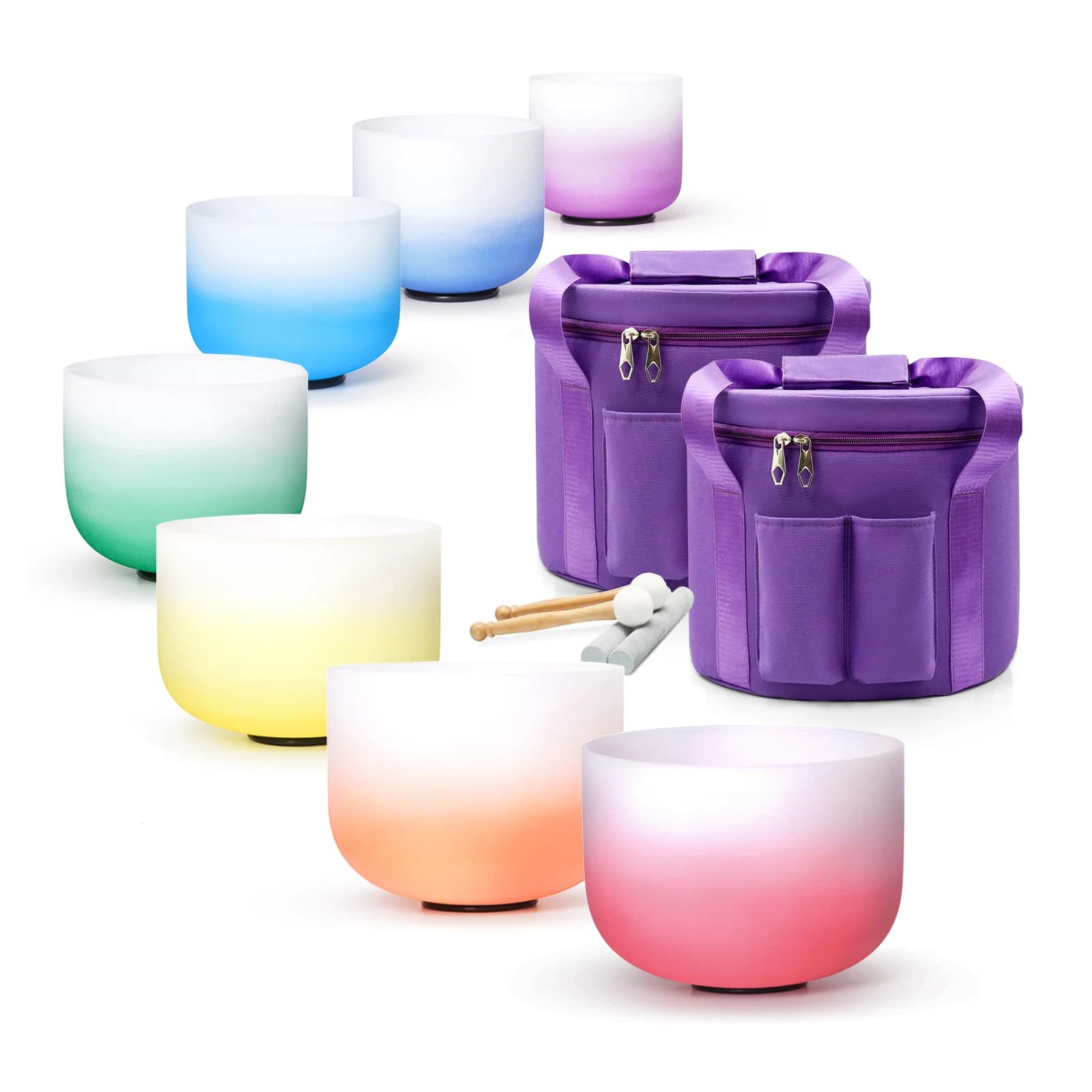 Hye-eun 6-12 Inch Gradient 7pcs Perfect Pitch Crystal Singing Bowl Set Color Frosted Quartz Chakra Sound Set with Carrying Case