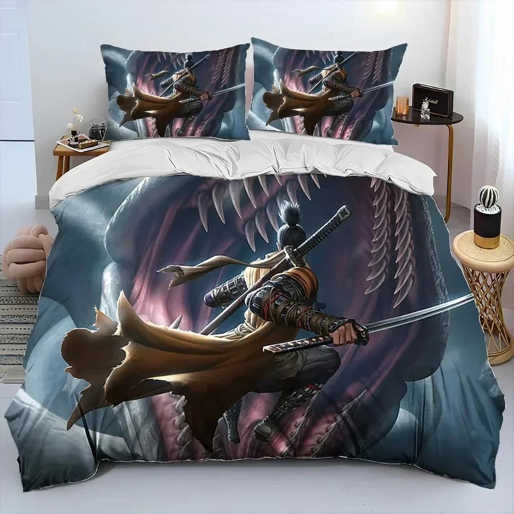 3D SekiroShadows Die Twice Gioco Set di biancheria da letto trapuntato, Set copripiumino Copripiumino Federa, set di biancheria da letto king queen size