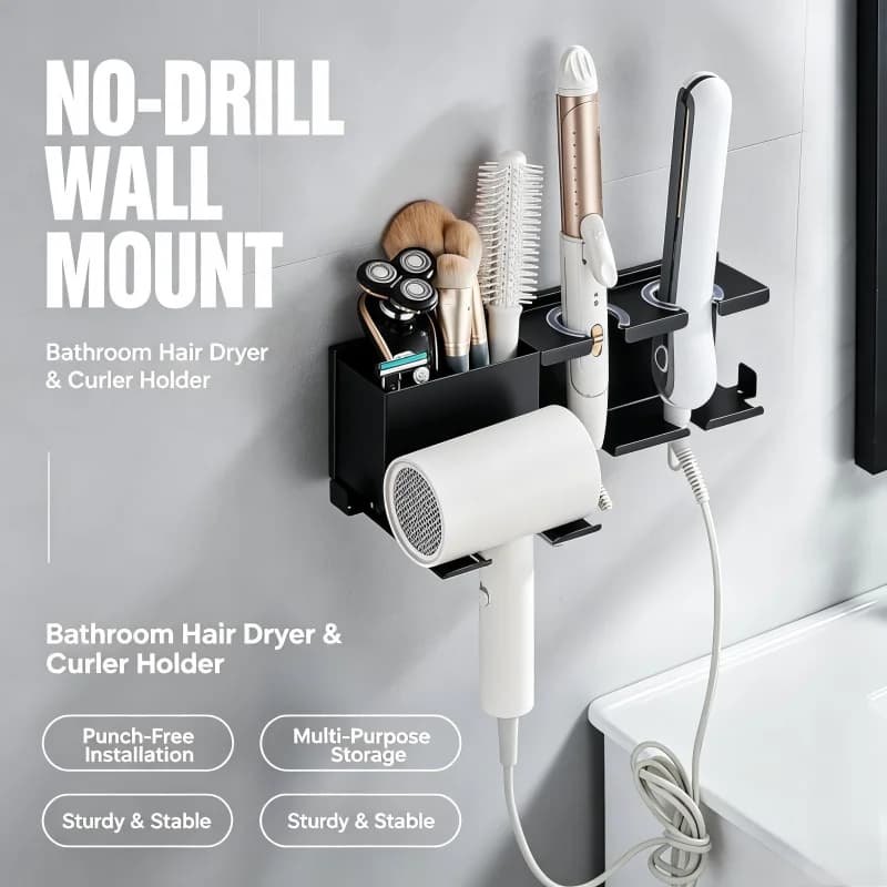 No Drill Wall Mount Hair Dryer and Curling Iron Holder, Bathroom Styling Tool Organizer Rack, Multifunctional Storage Stand