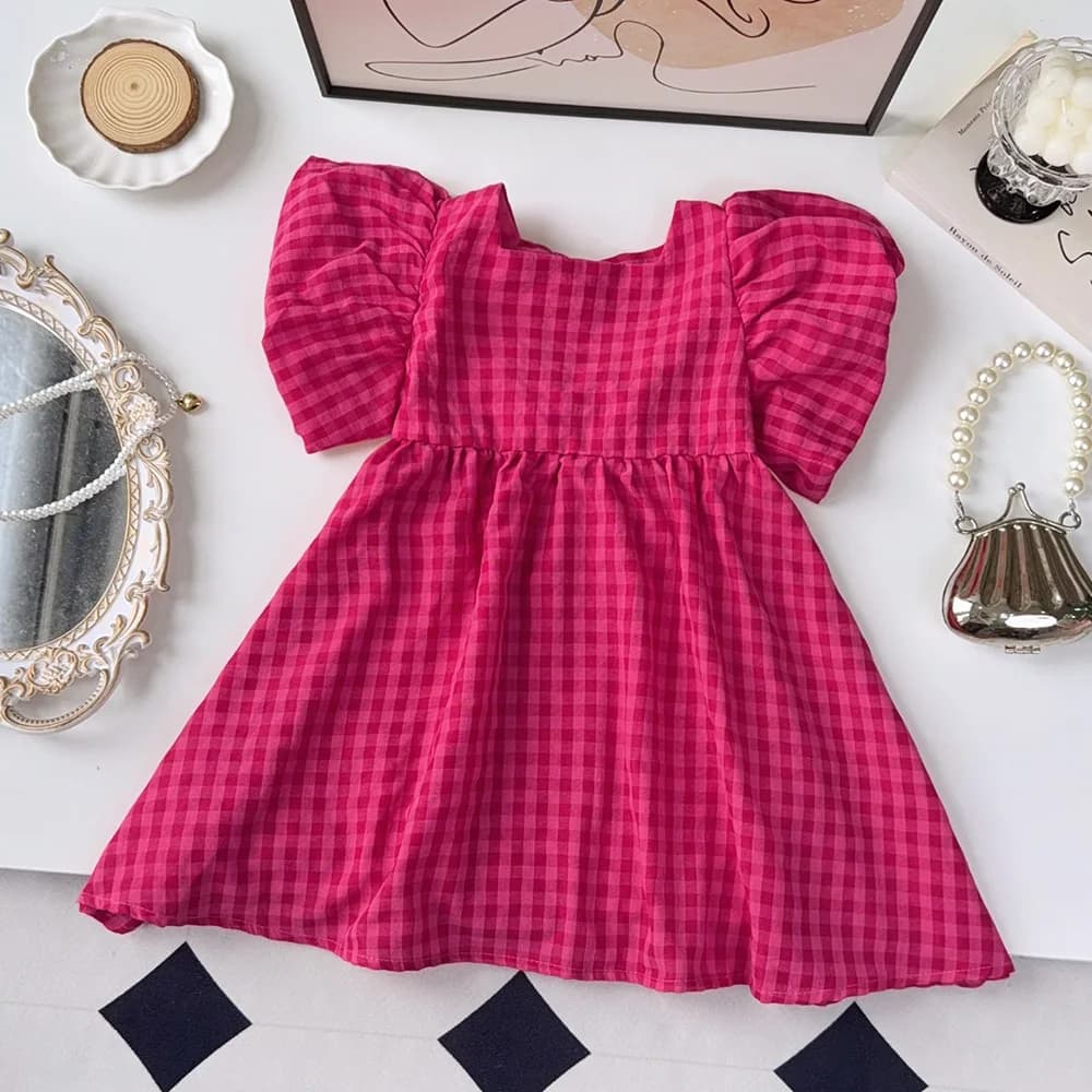 Abito da principessa con fiocco scozzese dolce a maniche corte per bambini estivi 1 pezzo 3-7 anni Abbigliamento carino per ragazze