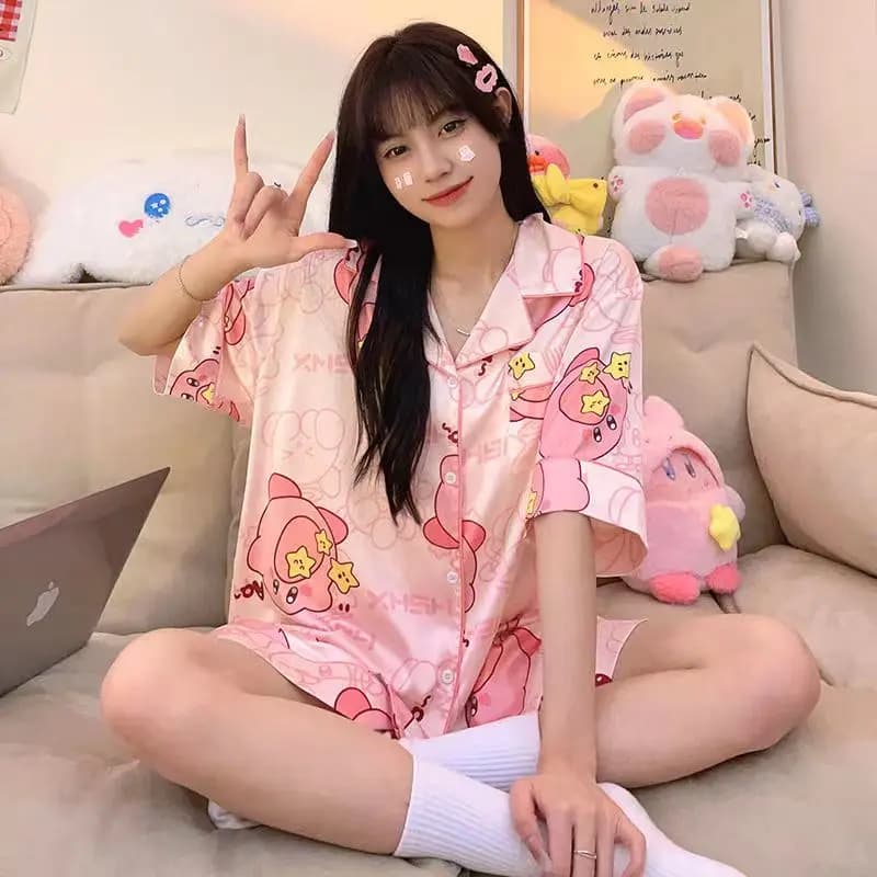 Pigiama Kirby, completo estivo con cardigan, t-shirt a righe e pantaloncini, nuovo modello alla moda, versatile e sottile, per casa.