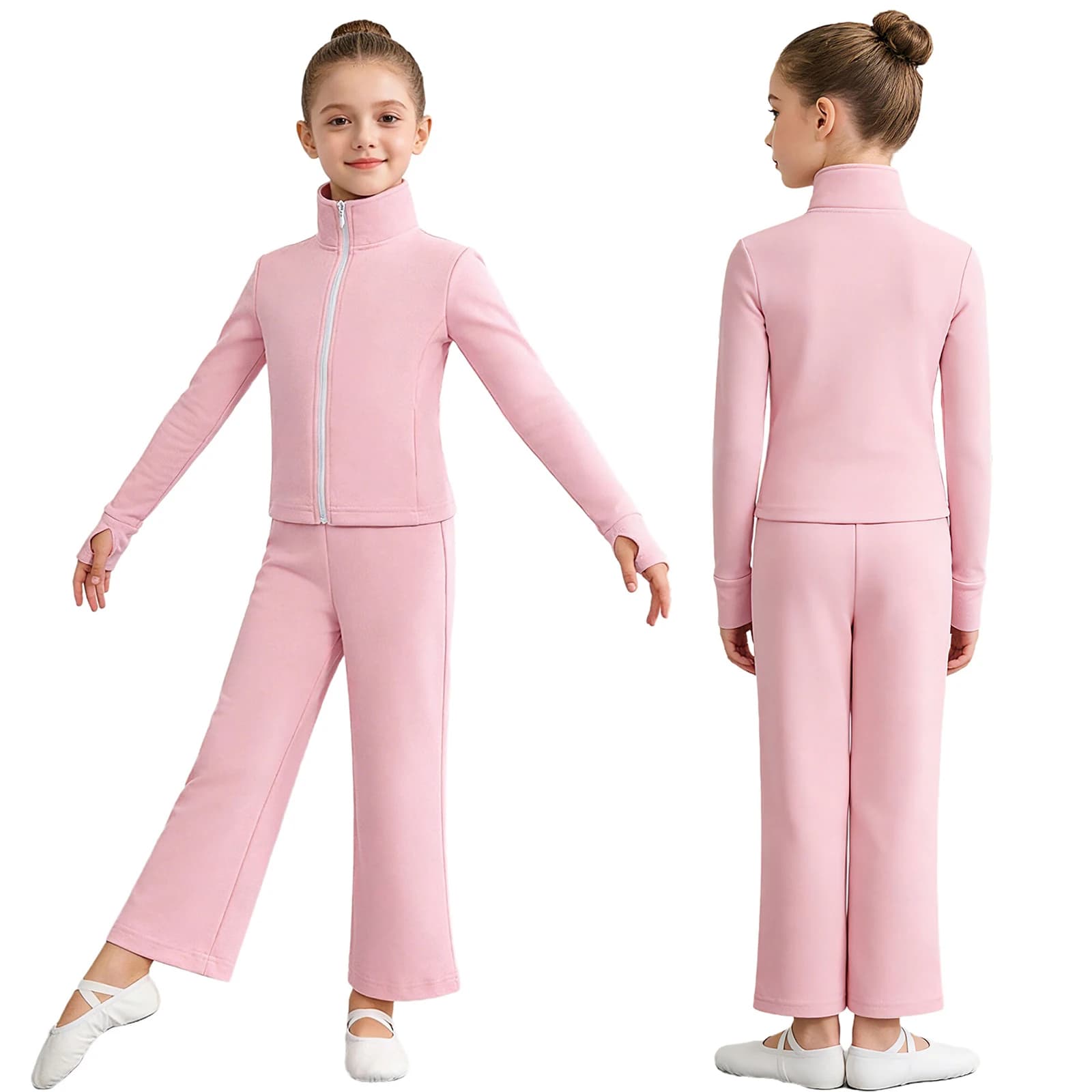 Kid Girls Fleece Yoga Dance Practice Abiti da riscaldamento Maniche lunghe Giacca con cerniera con pantaloni per pattinaggio su ghiaccio Allenamento Sport Corsa