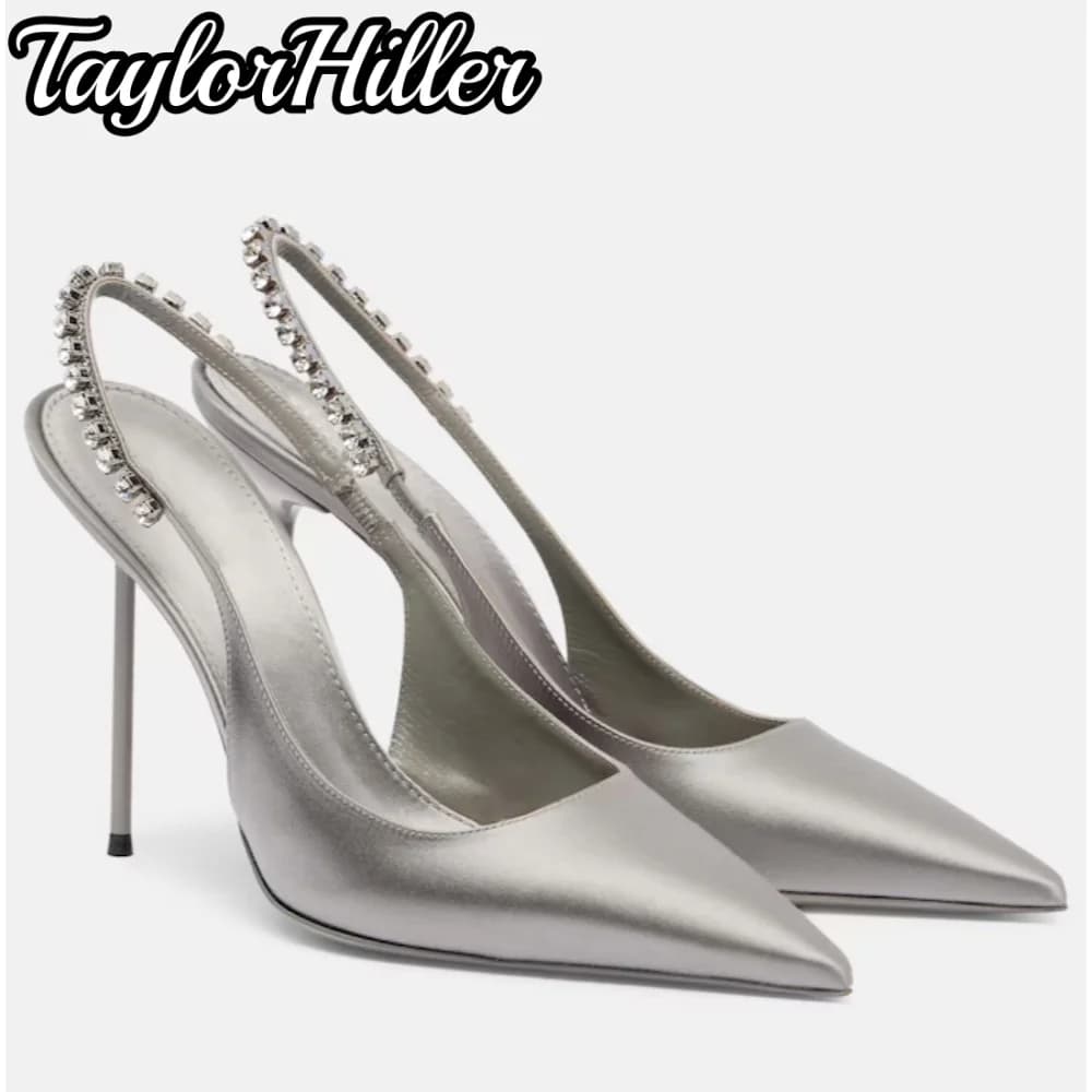 Luxury Strappy Rhinestones Decor Heeled Sandals Strange Style Grey Satin Patent Leather High Heels Lady Dress Banquet Shoes 2026