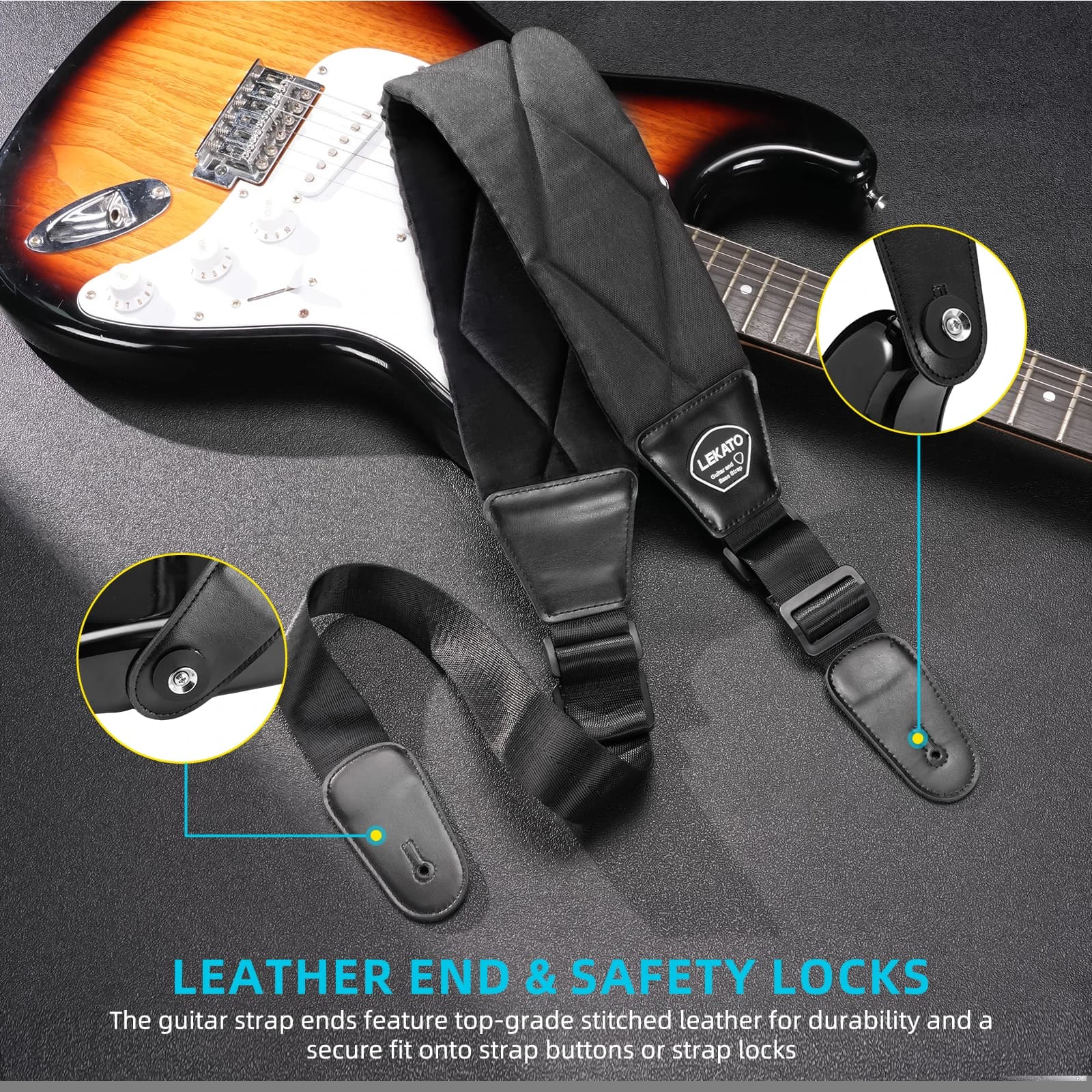 Set regalo tracolla per chitarra Lekato con 2 bloccatrici per tracolla e 6 plettri, tracolla comfort larga 3,5 pollici per basso/elettrica/acustica, lunghezza regolabile