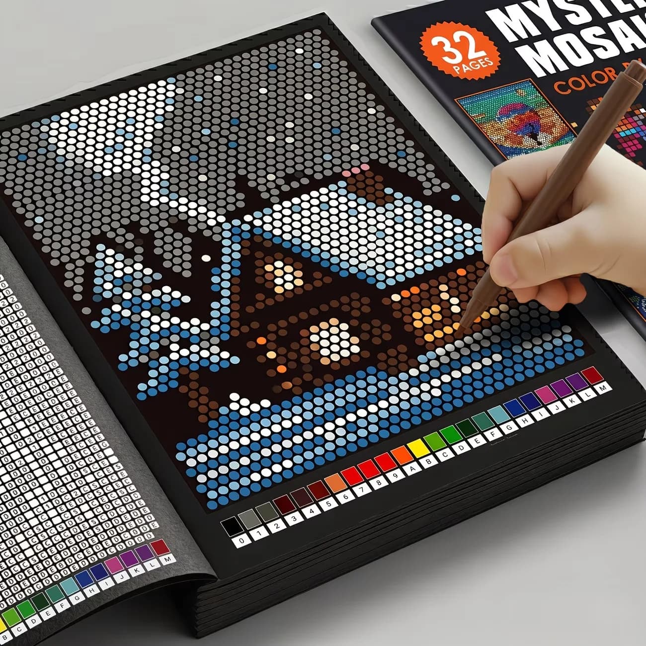 32 Pages Adult Pixel Mosaic Color By Number Book, Mystery Grid Pattern Mindful Relaxing Number Coloring Notebook