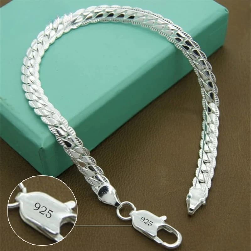 Bracciale in argento 925, catena piatta da 20 cm con chiusura a moschettone, per donna e uomo, gioielli per matrimonio e fidanzamento.