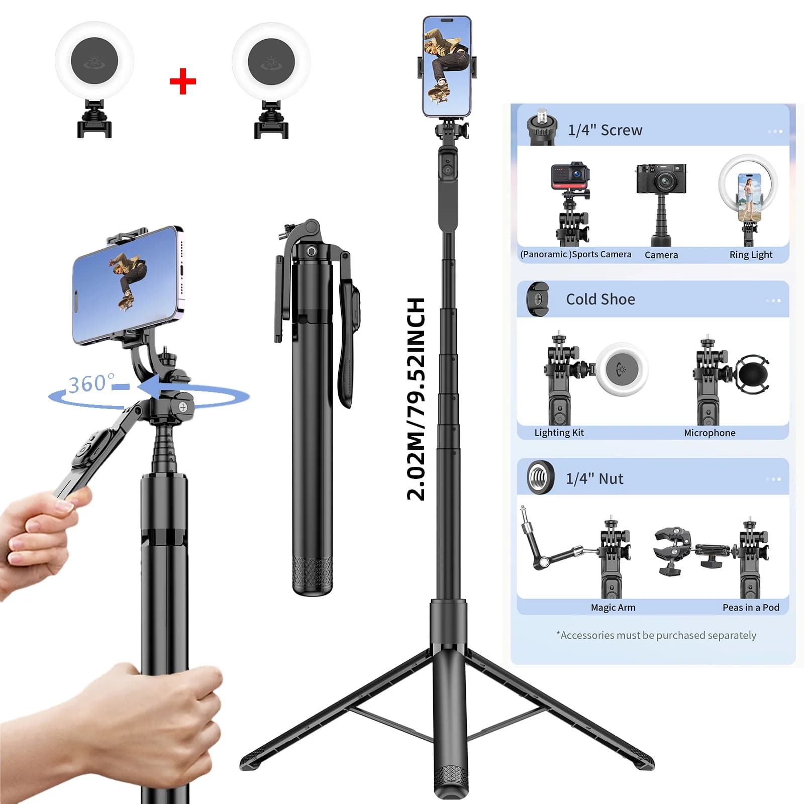 Treppiede per Selfie Stick da 2.02M con treppiede remoto Wireless leggero per supporto per telefono cellulare con 1/4 viti 1/4 dadi per fotocamera per Smartphone