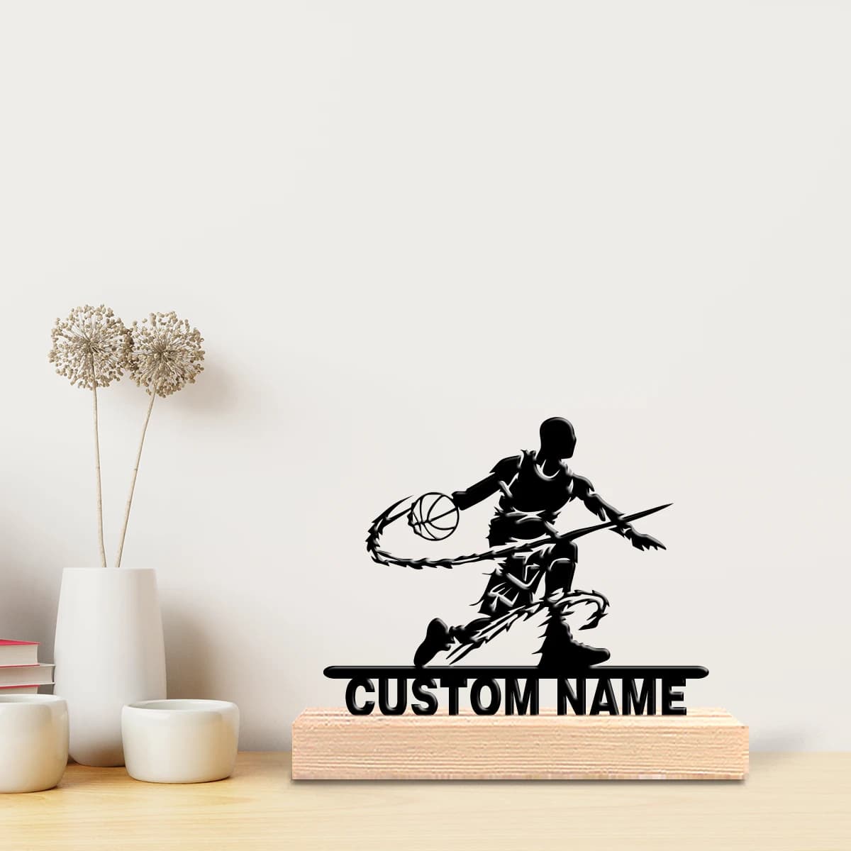 Custom Metal Basketball Player Statue with Wood Base, Table Decoration, Desk Art with Natural Wood Base