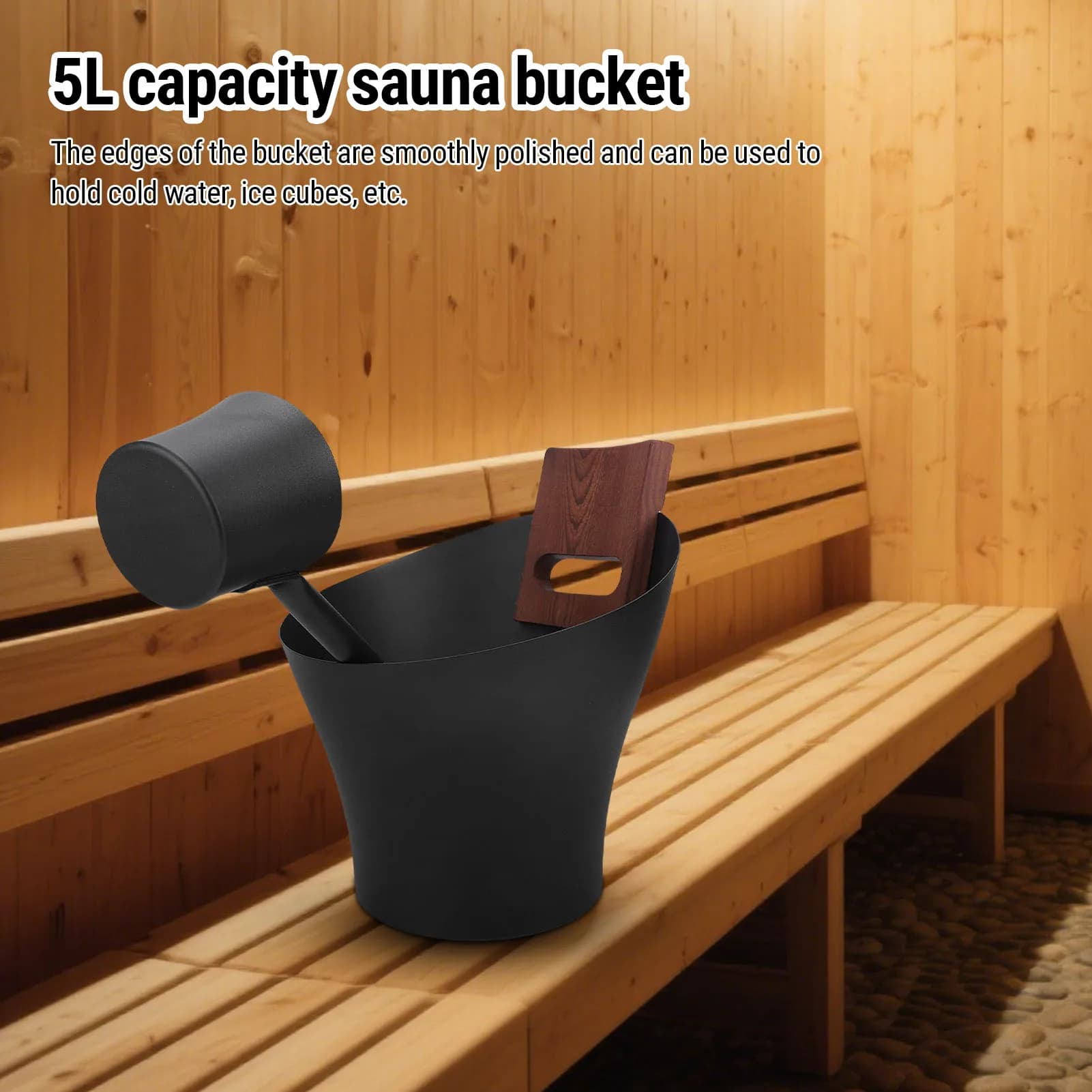 5L Aluminum Sauna Bucket with Long Wood Handle Ladle Sauna Accessories Kit for SPA Shower Outdoor Hot Spring