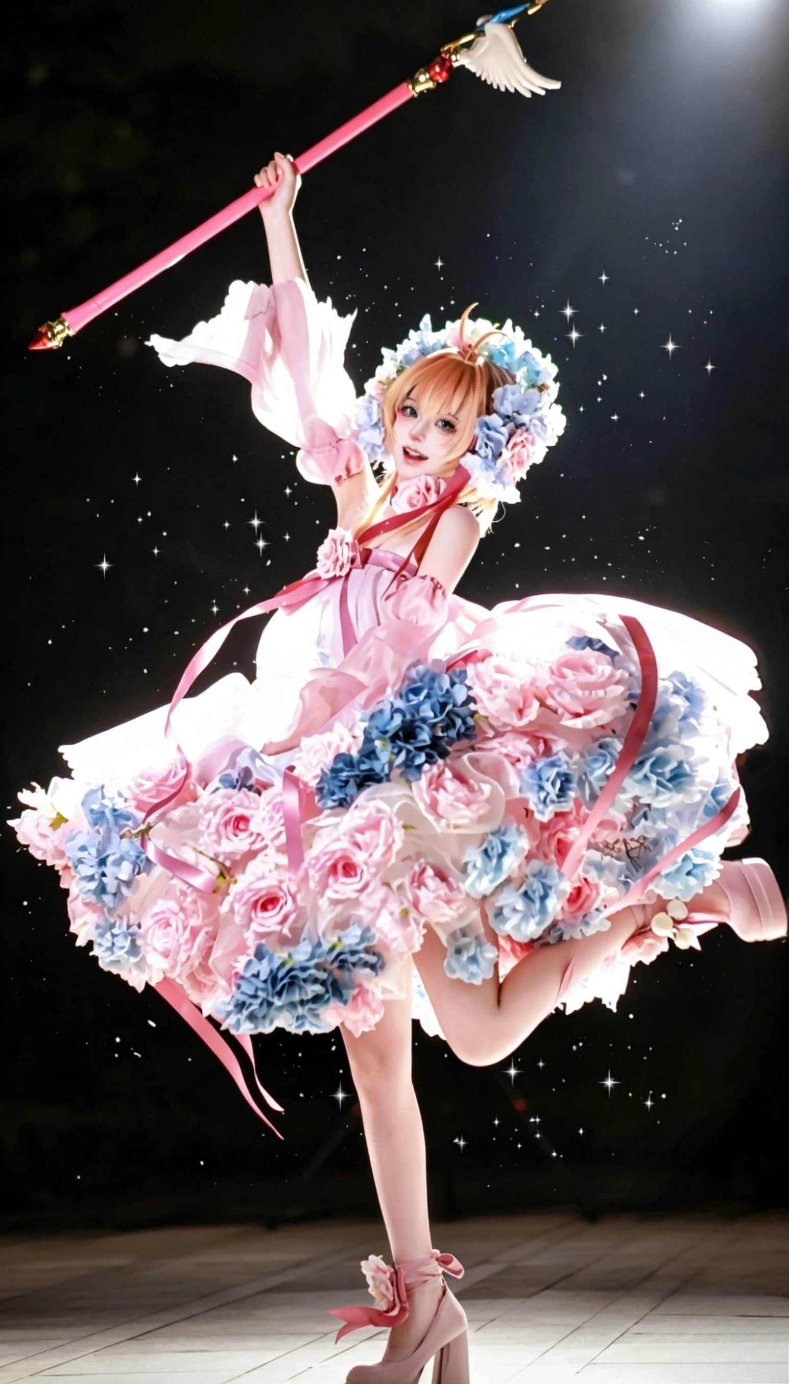 Costume cosplay Cardcaptor Sakura Sakura Kinomoto Abito da sposa floreale rosa e blu, set completo di abbigliamento cosplay da donna
