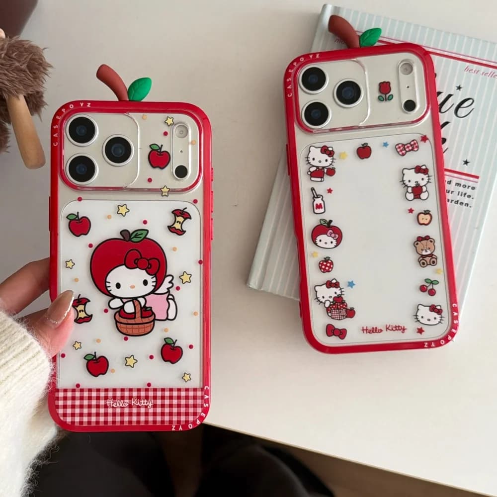 Cute Sanrio Hello Kitty Red Apple Print Phone Case Plaid Border Shockproof Clear Protective Cover For iPhone 16 15 14 17 Pro Max