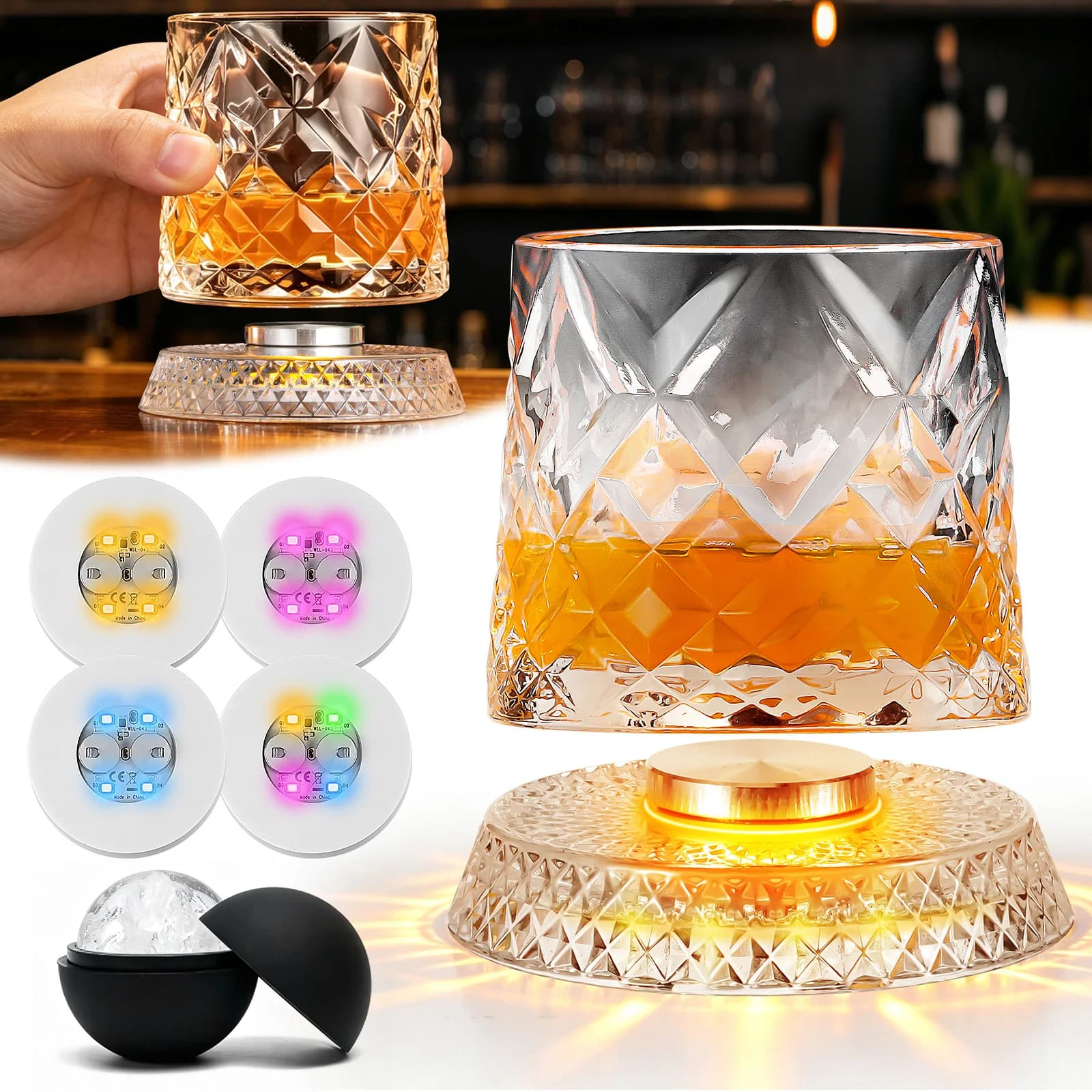 Spinning Whiskey Glasses Set with 4 LED Light & Ice Molds, 9.5oz Unique 360 Degree Rotating,Anti-slip Weighted,Ideal for Bourbon Scotch Old Fashioned,Gift for Whiskey Lovers(Diamond Pattern) Brand: Vigirlc