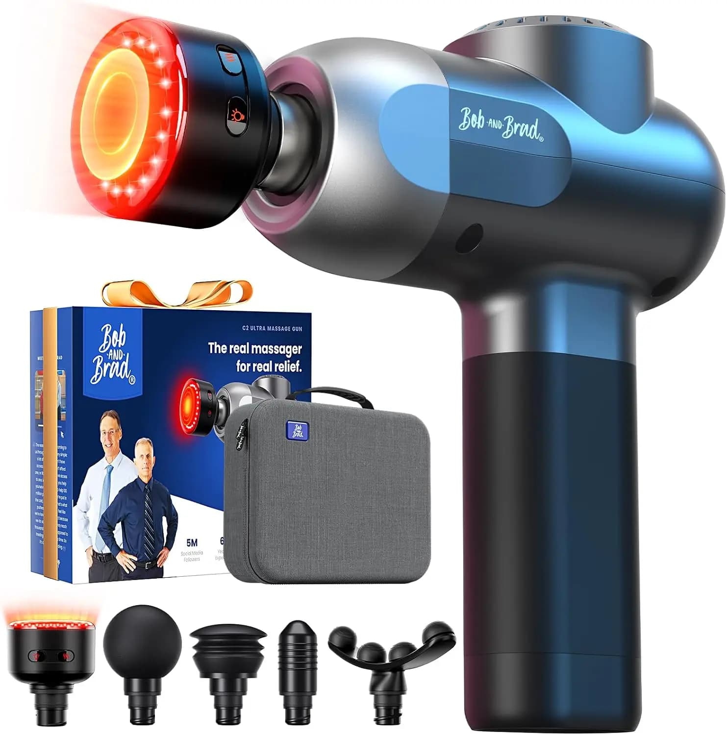 BOB AND BRAD C2 Ultra Massage Gun with Heat, Red LED & Infrared, FSA Eligible Deep Tissue Percussion Massager for Pain Relief, E