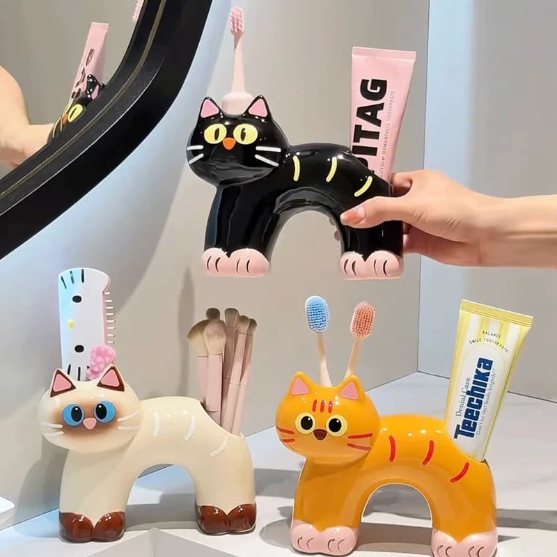 Creative Ceramic Siamese & Orange Cat Toothbrush Toothpaste Holder Cute Bathroom Accessory Home Decor Storage Organizer Figurine