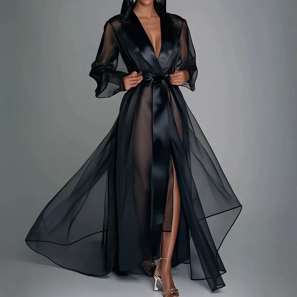 Organza See-Through Long Sleeve Lace Up Robe Maxi Dress Elegant Vintage Sexy V-Neck Sheer Mesh Split Hem Casual Maxi Dresses
