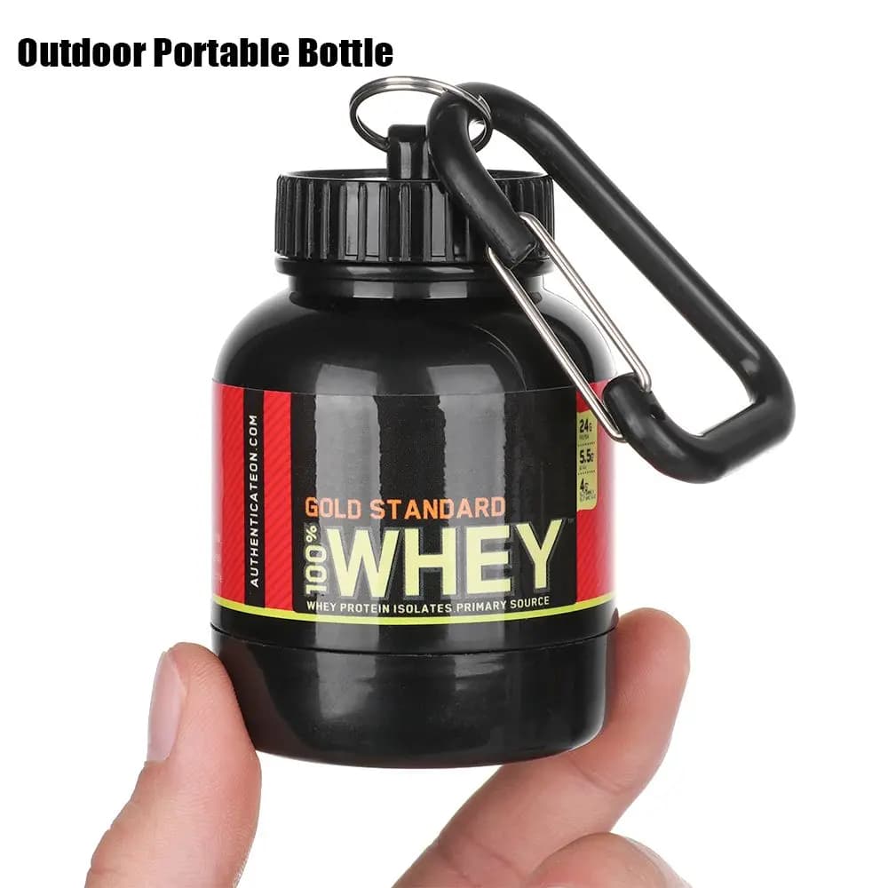 Mini portable bottles for protein powder with key rings, funnel for health, bottle for medicines, small cup of water, to store outdoor sports