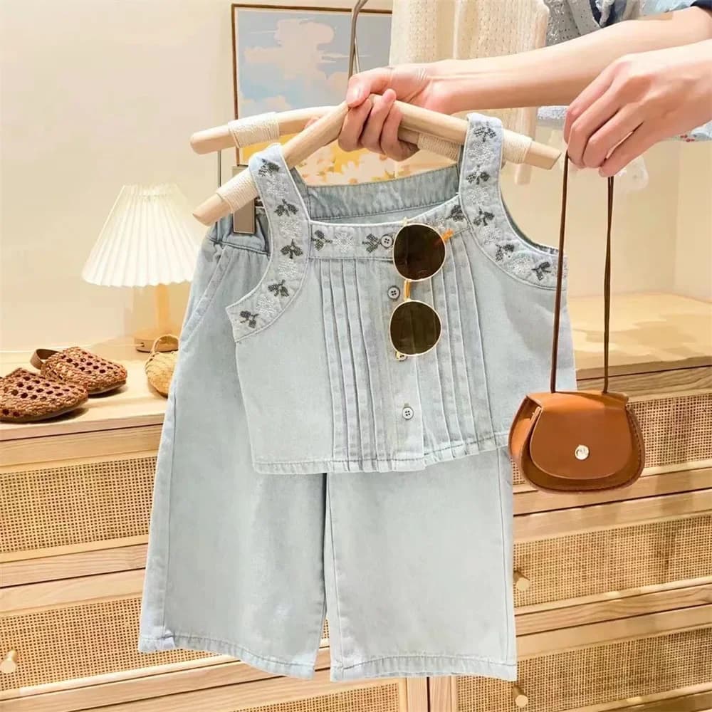 2025 Summer New Dress Set for Girls Fashion for Girls Folded Embroidery Decoration Slim Denim Canotta + Wide Leg Pants Dress 2 pieces