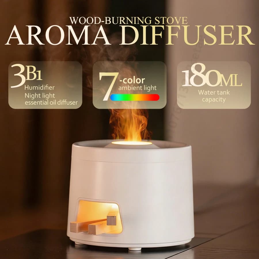 Umidificatore Aromatico a Forma di Stufa a Legna, Diffusore di Oli Essenziali a Nebbia Fredda con Luce Notturna Colorata, Spegnimento Automatico, Funzionamento Silenzioso