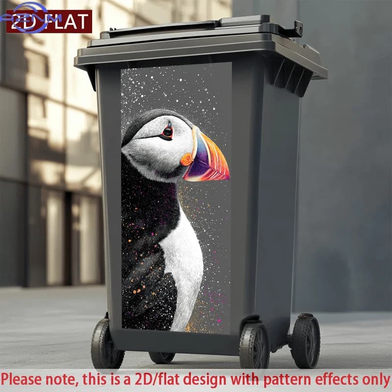 Self-Adhesive, Waterproof PVC Sticker Featuring a 2D/Flat Puffin Design, Perfect for Decorating Trash Cans Or Walls. It Has a