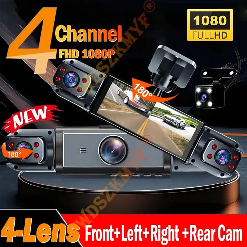 360 ° Dash Cam per auto Videoregistratore a 4 canali 1080P DVR per auto Obiettivo 3/4 Frontale all'interno Girevole e Vista posteriore Visione notturna Scatola nera
