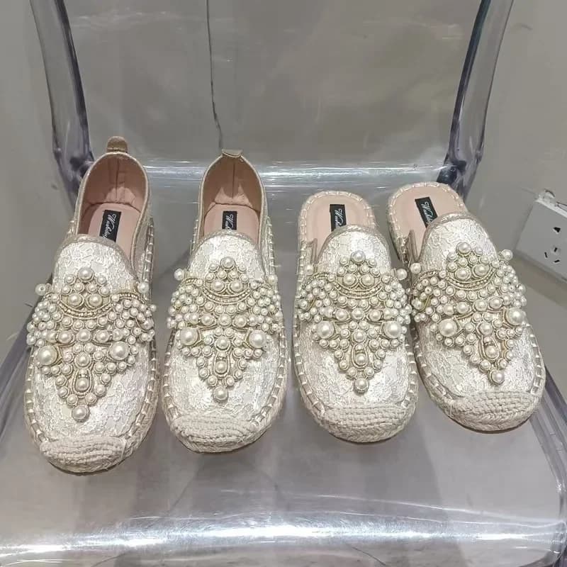 Scarpe Estive da Donna alla Moda, Mules Baotou con Decorazione di Perle, Ballerine Classiche Slip-on, Mocassini da Donna, Zapatos Mujer