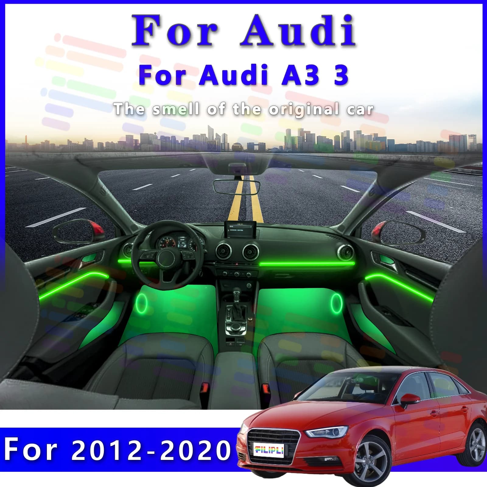 Striscia LED RGB per Interni Auto Audi A3 2012-2020, Luce Ambiente Invisibile in Fibra Ottica, Lampada Neon Decorativa Controllabile tramite App