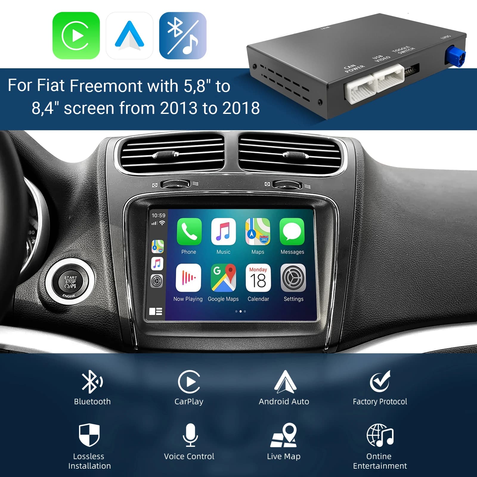 Kit di retrofit automatico Android CarPlay wireless per modelli Fiat Freemont dal 2013 al 2018 Plug and Play L'aggiornamento contiene controlli originali