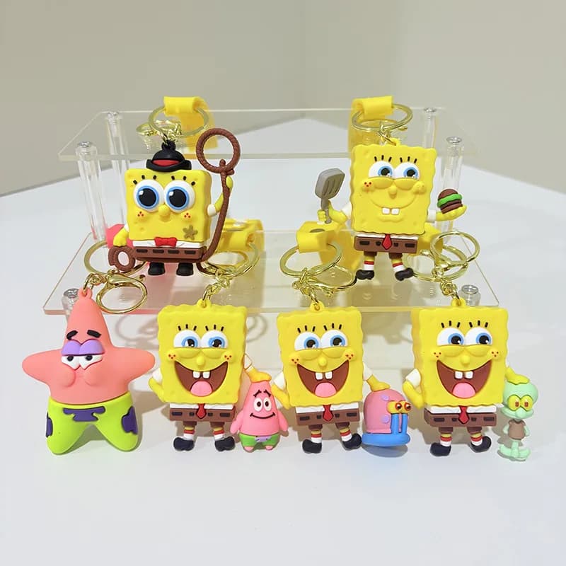 Nuovo Set di Portachiavi con Personaggi di SpongeBob SquarePants - Figure in PVC di SpongeBob, Patrick, Squidward e Anelli in Metallo, Charm per Borsa, Natale